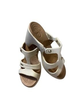 CROCS White Wedge Sandals with Tan Footbed